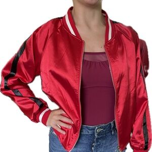 SOLD! Retro red satin bomber jacket with black stripes
